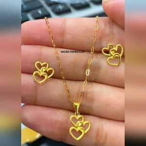 18k Micro Paperclip 18inch Triple Gold Heart Necklace and Triple Earrings Set
